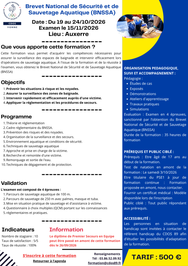 BREVET NATIONAL DE SECURITE ET DE SAUVETAGE AQUATIQUE - Comité Départemental Olympique et Sportif de l'Yonne