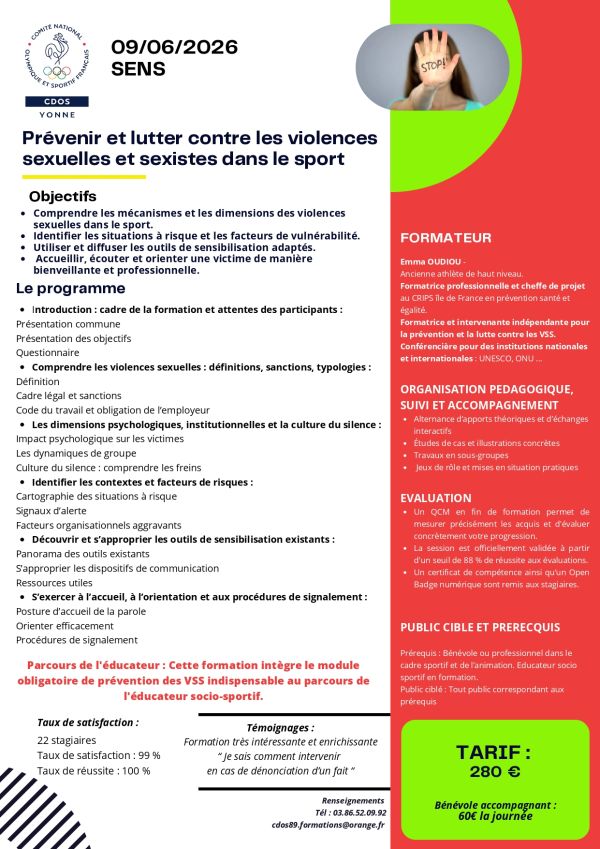 Prévenir et lutter contre les violences sexuelles et sexistes dans le sport - Comité Départemental Olympique et Sportif de l'Yonne