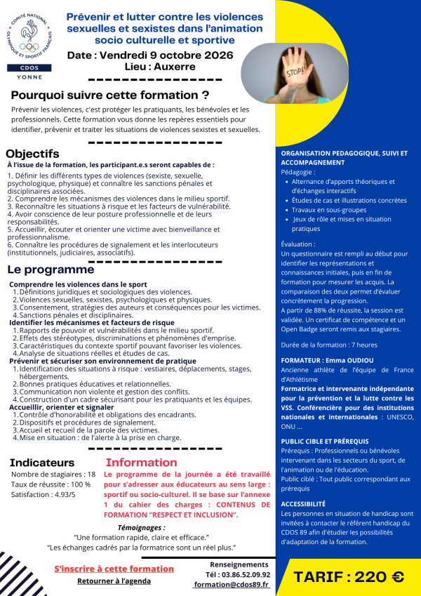 PRÉVENIR ET LUTTER CONTRE LES VIOLENCES SEXUELLES ET SEXISTES DANS L'ANIMATION SOCIO - CULTURELLE ET SPORTIVE - Comité Départemental Olympique et Sportif de l'Yonne