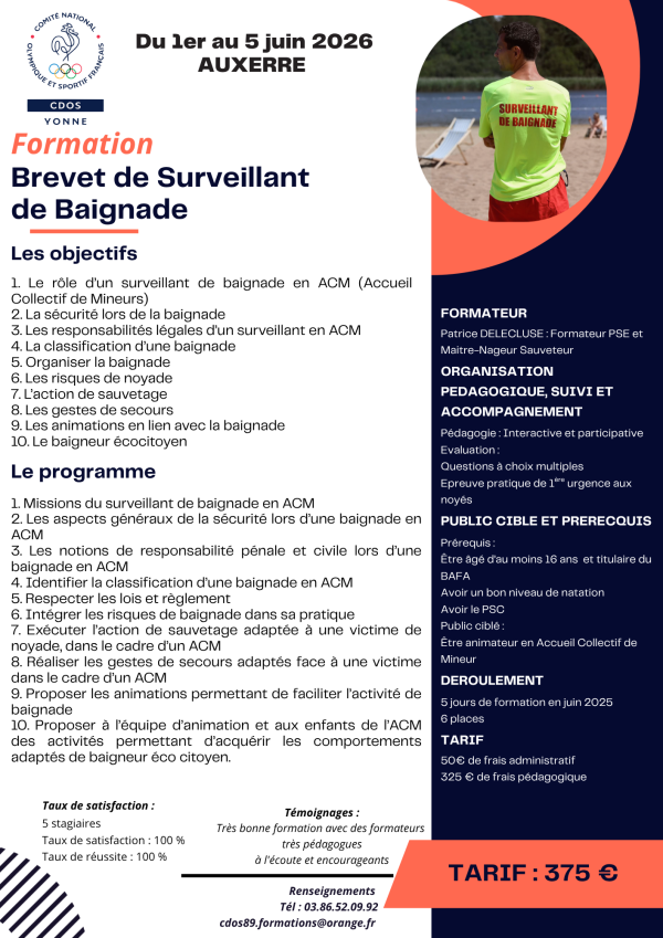 Brevet de Surveillant de Baignade - Comité Départemental Olympique et Sportif de l'Yonne