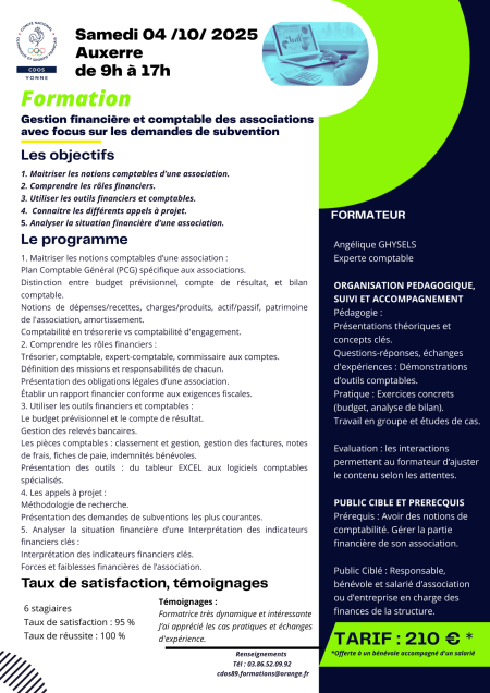 Formation : Gestion financière et comptable des associations le samedi 4 octobre 2025 à Auxerre - Comité Départemental Olympique et Sportif de l'Yonne